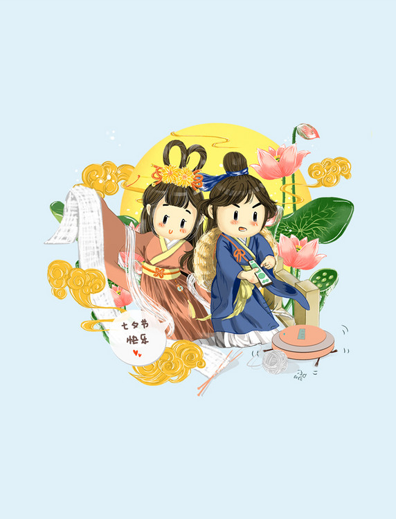 鹊桥相会七夕情人节手绘浪漫相会鹊桥莲花