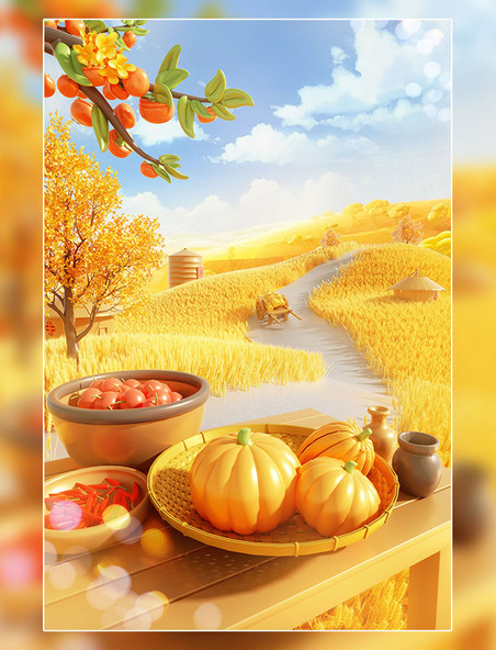 3D立体秋季秋天秋季秋日丰收收获金黄色场景