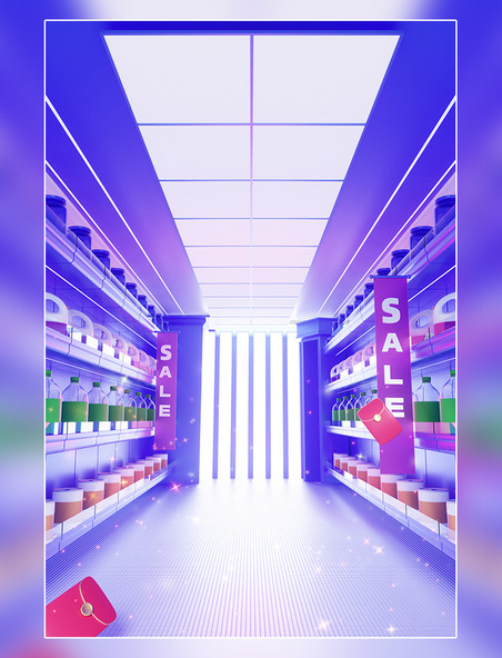3D立体商店货柜购物紫色电商促销场景