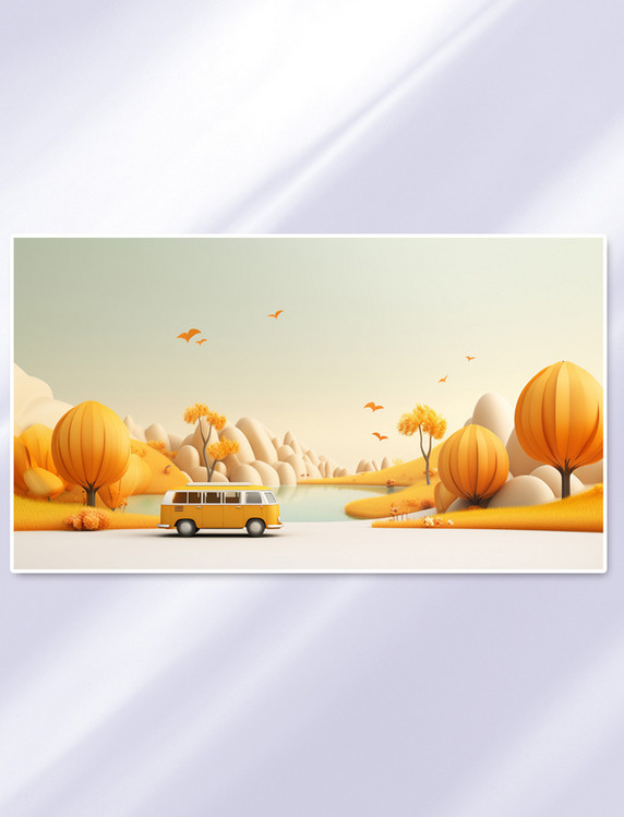  橙黄色 秋天山林旅游出行插画 