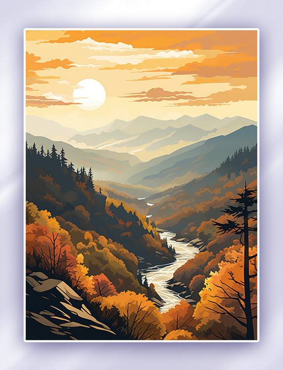 秋天森林山河旅游海报插画