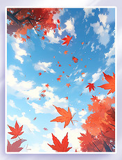 手绘蓝天下秋天的枫叶插画