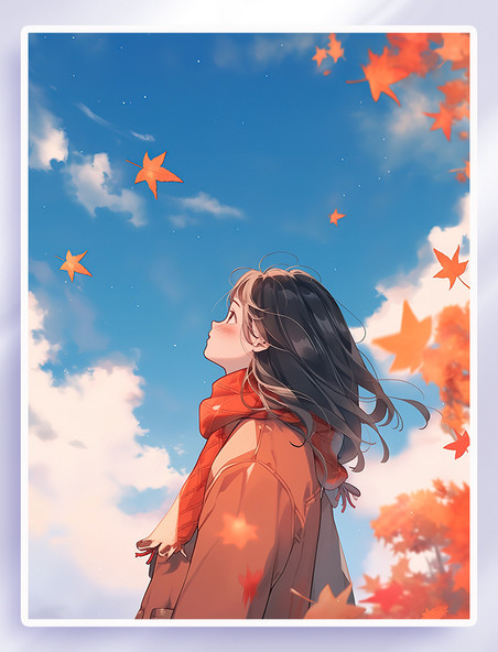 手绘秋天的枫叶仰望天空的少女