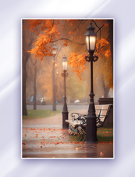 秋季城市公园长椅路灯秋色秋天深秋落叶