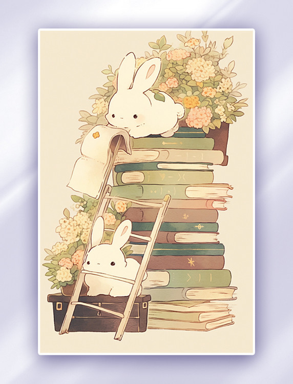 两只可爱的小兔子在阅读背景