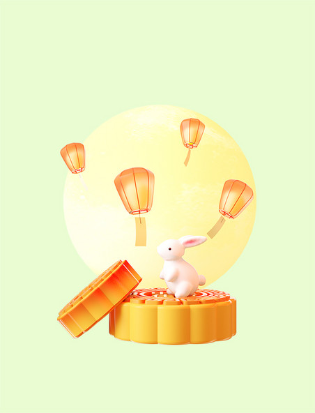 立体中秋节孔明灯场景兔子中国风月饼
