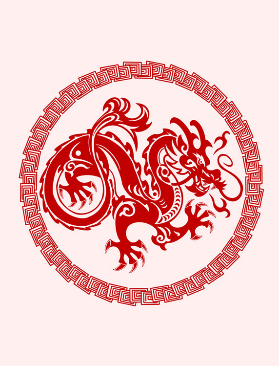红色云纹传统五爪龙剪纸元素