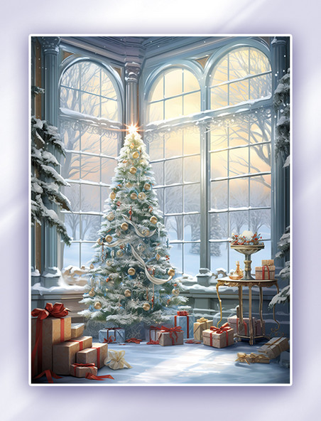冬天唯美的圣诞树节日插画