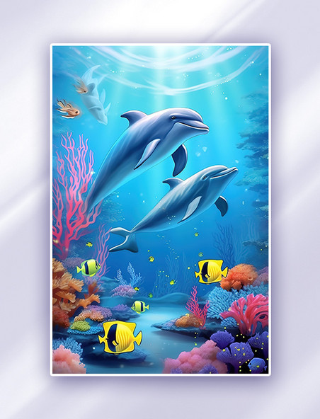 海底世界海豚珊瑚卡通神秘海底插画 