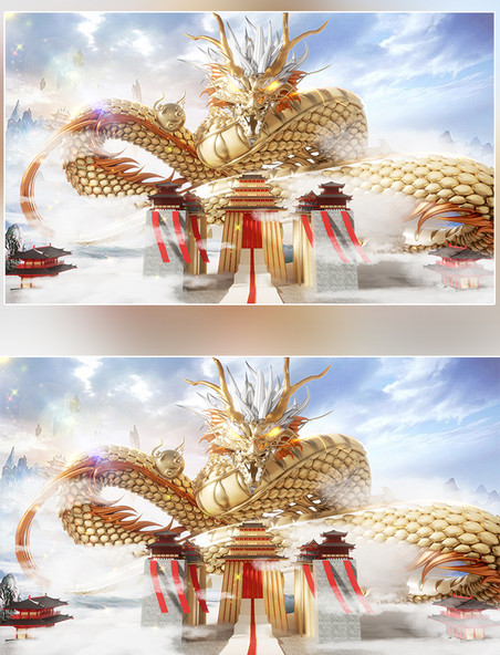 龙年新年3D立体金龙建筑国风大气场景