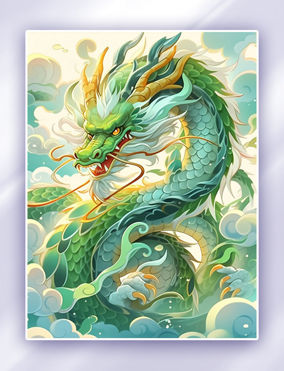 龙年国潮插画青色青龙中国风插画龙春节新春