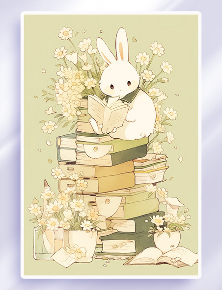 手绘一个可爱的小兔子在看书