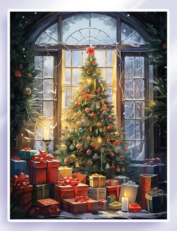 手绘唯美的圣诞树节日插画