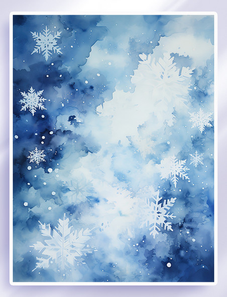 蓝色水彩美丽的白色雪花背景