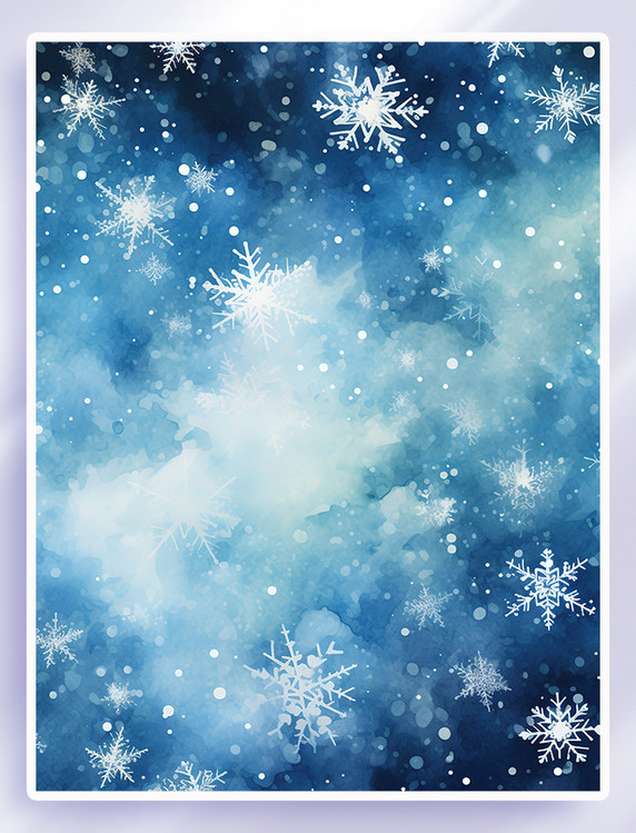 冬天冬季美丽的白色雪花水彩蓝色背景