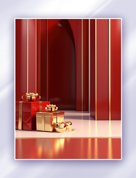 红色金色和银色的礼盒背景 