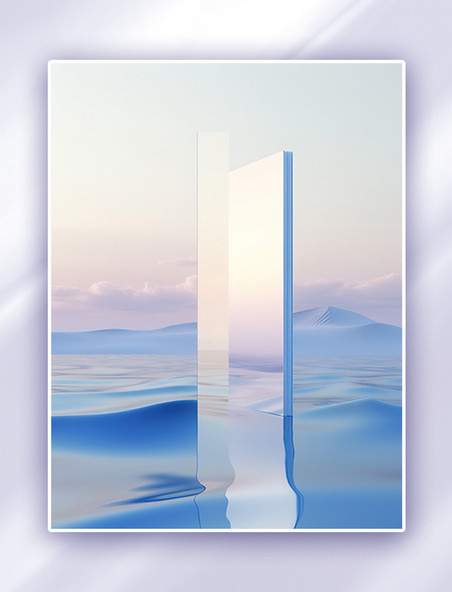 透明蓝色窗户在波浪中间天背景透明玻璃质感抽象背景