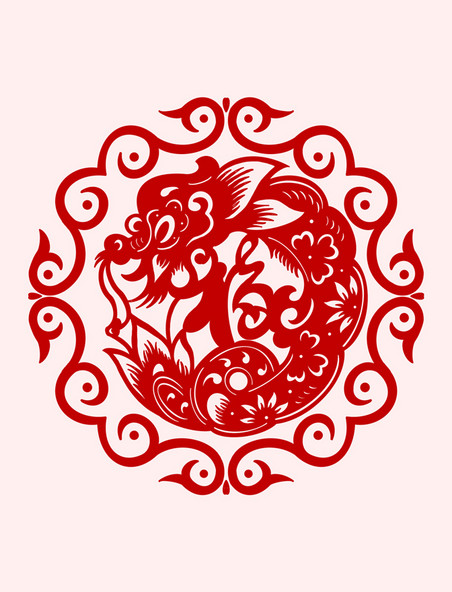 红色花瓣中国龙传统剪纸元素