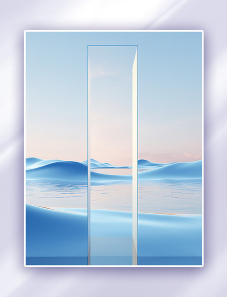 透明窗户在波浪中间间建筑天蓝色背景透明玻璃质感抽象背景