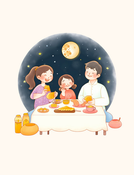 团圆家人中秋节团聚望月天空手绘元素