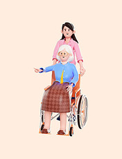 3d重阳节给老人推轮椅敬老爱老人物