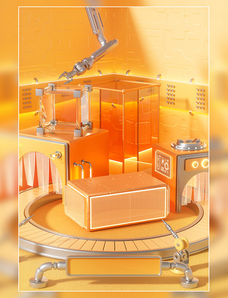 3D立体橙色工厂机械展台电商促销双十一场景