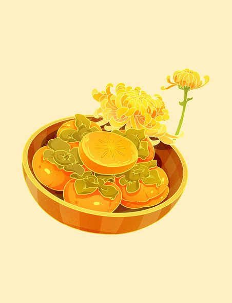 中国风手绘插画柿子菊花元素