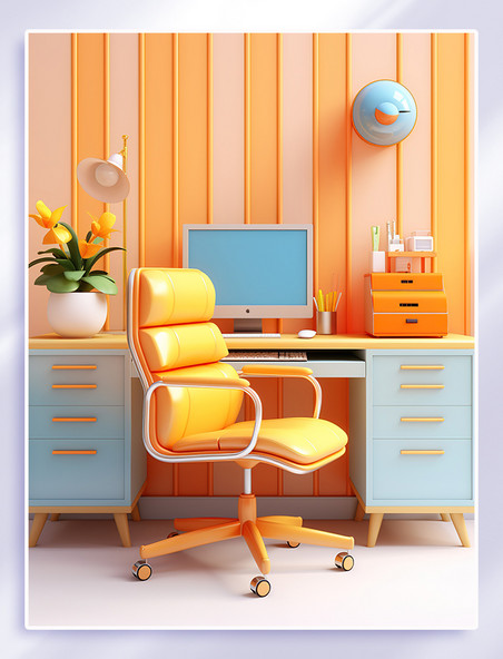 黄色立体书桌和椅子家居背景商务办公居家办公写字桌优先家装