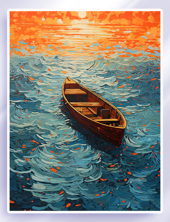 手绘孤独的船和大海扬帆起航风浪夕阳日落唯美大海