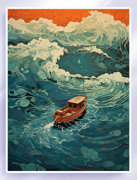 孤独的船和大海插画大海扬帆起航风浪唯美大海