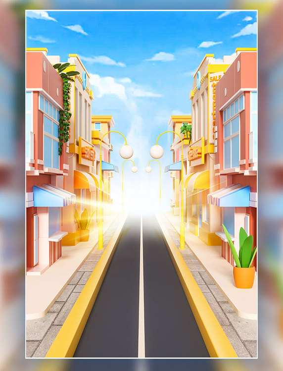 3d立体卡通酷炫城市街道商铺电商促销场景海报