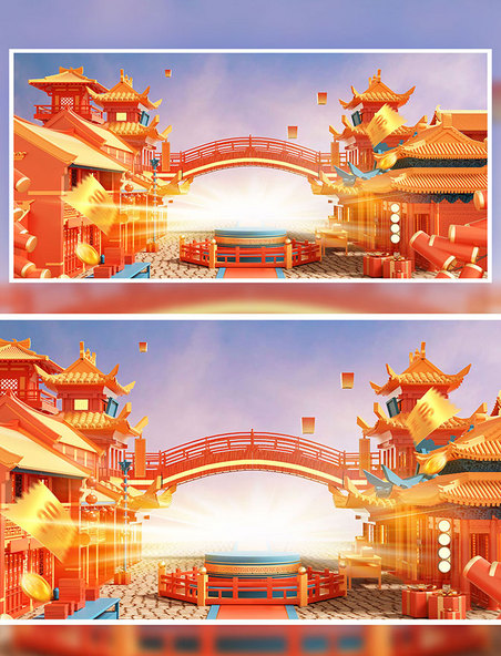 3D立体红色喜庆中国风城市节日街道商铺电商促销场景海报