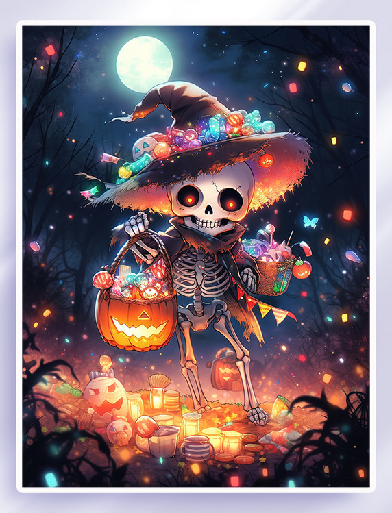 可爱骷髅糖果篮子插画万圣节万圣夜