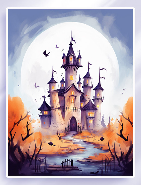 卡通万圣节万圣夜魔法城堡插画