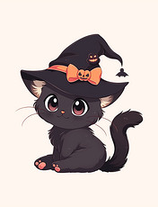 黑色万圣节手绘元素可爱小猫戴着帽子万圣夜