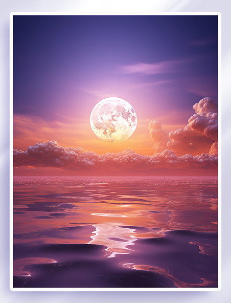黄昏蓬松的云夕阳紫色月亮大海海面赏月浪漫唯美