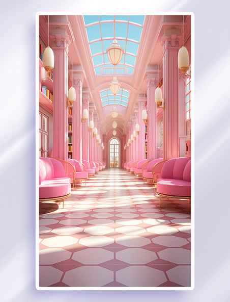 潮流立体空间长廊背景宫殿欧式建筑粉色
