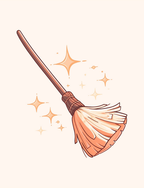 橙色扫帚元素万圣节手绘万圣夜魔法扫帚飞天扫帚