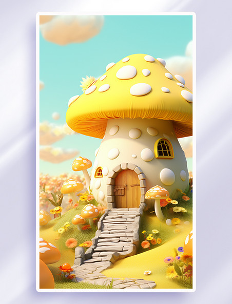 3d蘑菇屋立体创意直播背景童话秋天秋季秋日