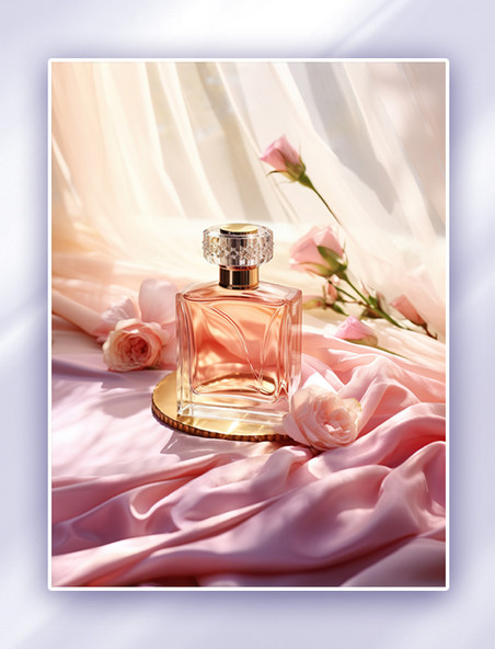 粉红色的香水丝绸玻璃瓶背景 