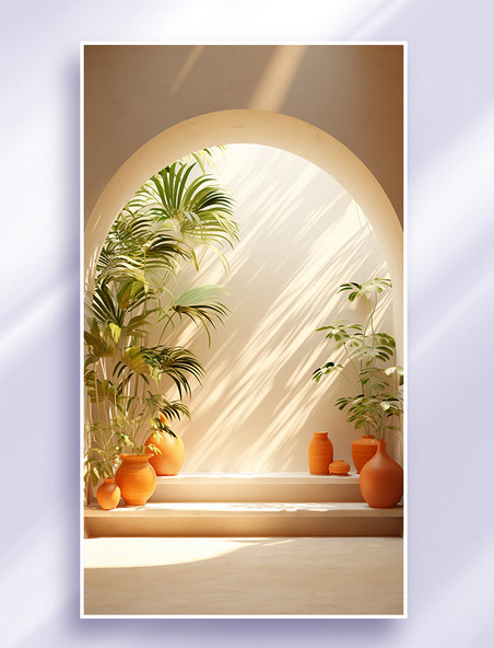 亮丽橙色系电商空镜场景拱门展示台背景