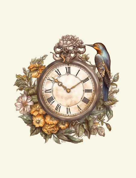 复古欧式钟表时间传统花鸟贴纸