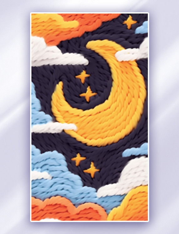 质感毛线编织卡通图案底纹背景童话儿童卡通夜晚月亮星空