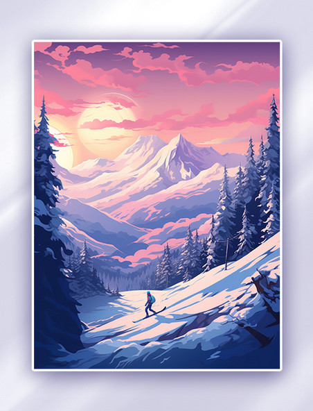 白雪皑皑山坡上的雪景运动员滑雪冬天树林风景