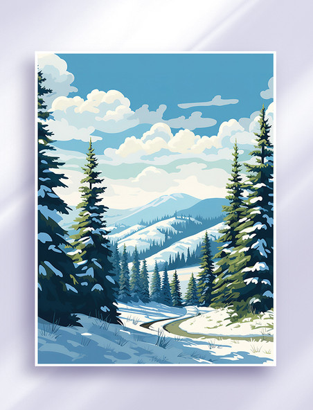 冬天森林松树雪景插画冬季树林风景