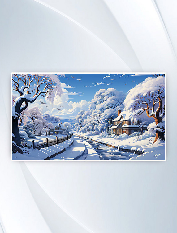 蓝色梵高画风乡村雪景自然风景插画冬季大雪雪景