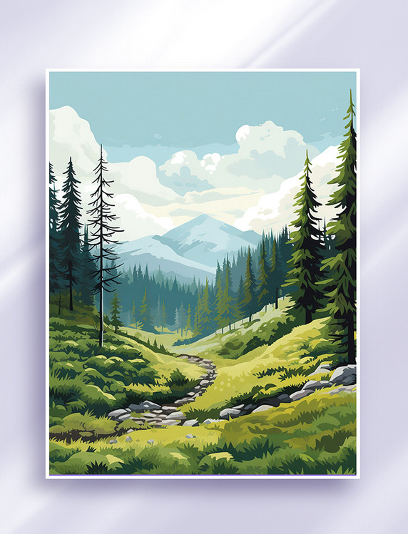 冬天森林松树雪景插画秋天春天风景高山旅游风光