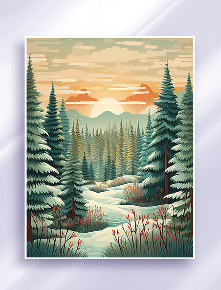 冬天森林松树雪景插画旅游风景