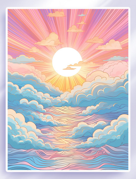 唯美海洋日出阳光插画云海夕阳紫色浪漫