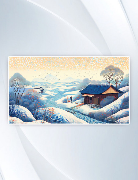 乡村房屋树木草地雪景自然风景插画冬天冬季